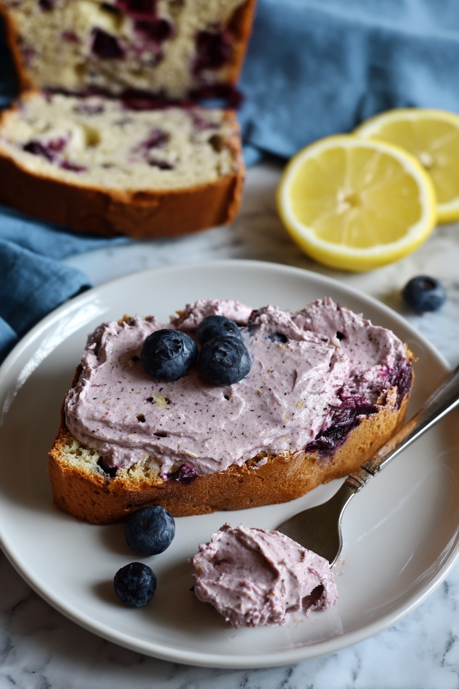 A single thick slice of light brown bread with visible blueberries baked inside lies flat on a white plate. A thick, creamy layer of pale purple spread with small dark berry bits covers the top of the bread slice. Three whole blueberries are placed on the plate around the bread. Above the plate, part of a loaf torn open, showing the same bread with embedded blueberries, rests on a blue cloth. Two thin yellow lemon slices sit in the background on a white marbled surface. A silver fork holds a bit of the purple spread near the bottom edge of the plate. Photo taken with an iphone --ar 2:3 --v 7 - Blueberry Lemon Sourdough Bread, sourdough bread with blueberries and lemon, easy sourdough bread recipes, homemade blueberry lemon bread, healthy sourdough baking