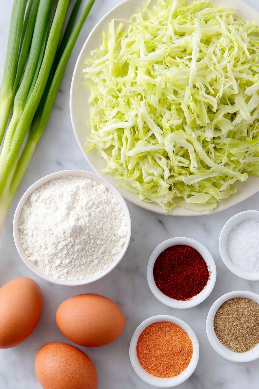 Flat lay of fresh shredded green cabbage piled loosely, two bright orange grated carrots arranged beside, three whole brown eggs with clean shells, two fresh scallions with vibrant green tops and white bulbs, two cloves of peeled garlic, a small white ceramic bowl filled with plain white flour, a separate small white bowl holding coarse sea salt crystals, another small white bowl containing ground black pepper, a third small white bowl with deep red paprika powder, and a fourth small white bowl with light brown ground coriander, all ingredients placed symmetrically on a simple white ceramic plate and bowls, placed on a clean white marble surface, soft natural light, photo taken with an iPhone, professional food photography style, fresh ingredients, white ceramic bowls, no bottles, no duplicates, no utensils, no packaging --ar 2:3 --v 7 --p m7354615311229779997 - Cabbage Fritters, cabbage fritters recipe, crispy cabbage fritters, healthy cabbage fritters, vegetarian cabbage fritters