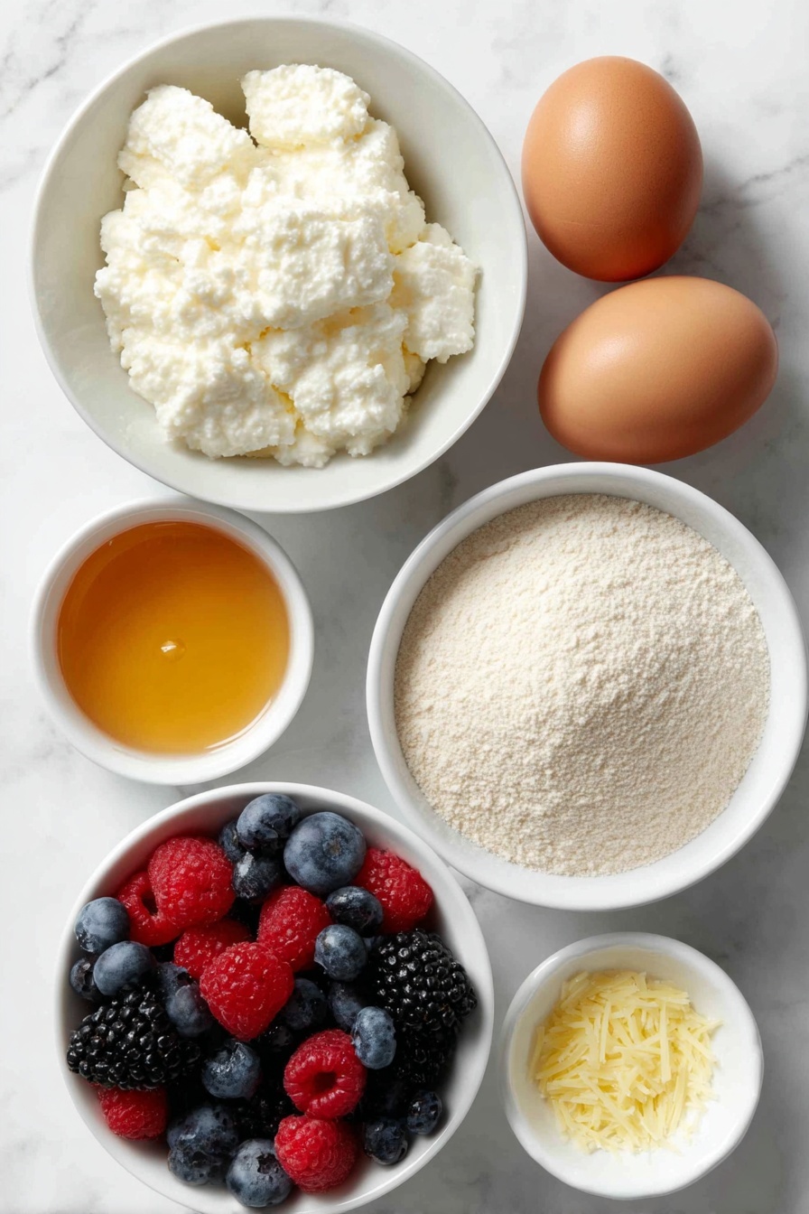 Flat lay of a small mound of full-fat cottage cheese with a creamy texture, three large whole brown eggs with clean shells, a neat pile of light tan almond flour, a small white ceramic bowl filled with golden honey, a small white bowl with clear vanilla extract, a small heap of bright yellow lemon zest strands, a tiny white bowl holding fine white baking powder, and a simple white ceramic bowl brimming with fresh mixed berries including blueberries, raspberries, and blackberries, all arranged in perfect symmetry on a clean white marble surface, soft natural light, photo taken with an iPhone, professional food photography style, fresh ingredients, white ceramic bowls, no bottles, no duplicates, no utensils, no packaging --ar 2:3 --v 7 --p m7354615311229779997 - High Protein Berry Bake, healthy berry bake, high protein breakfast, protein-packed berry dessert, nutritious berry breakfast