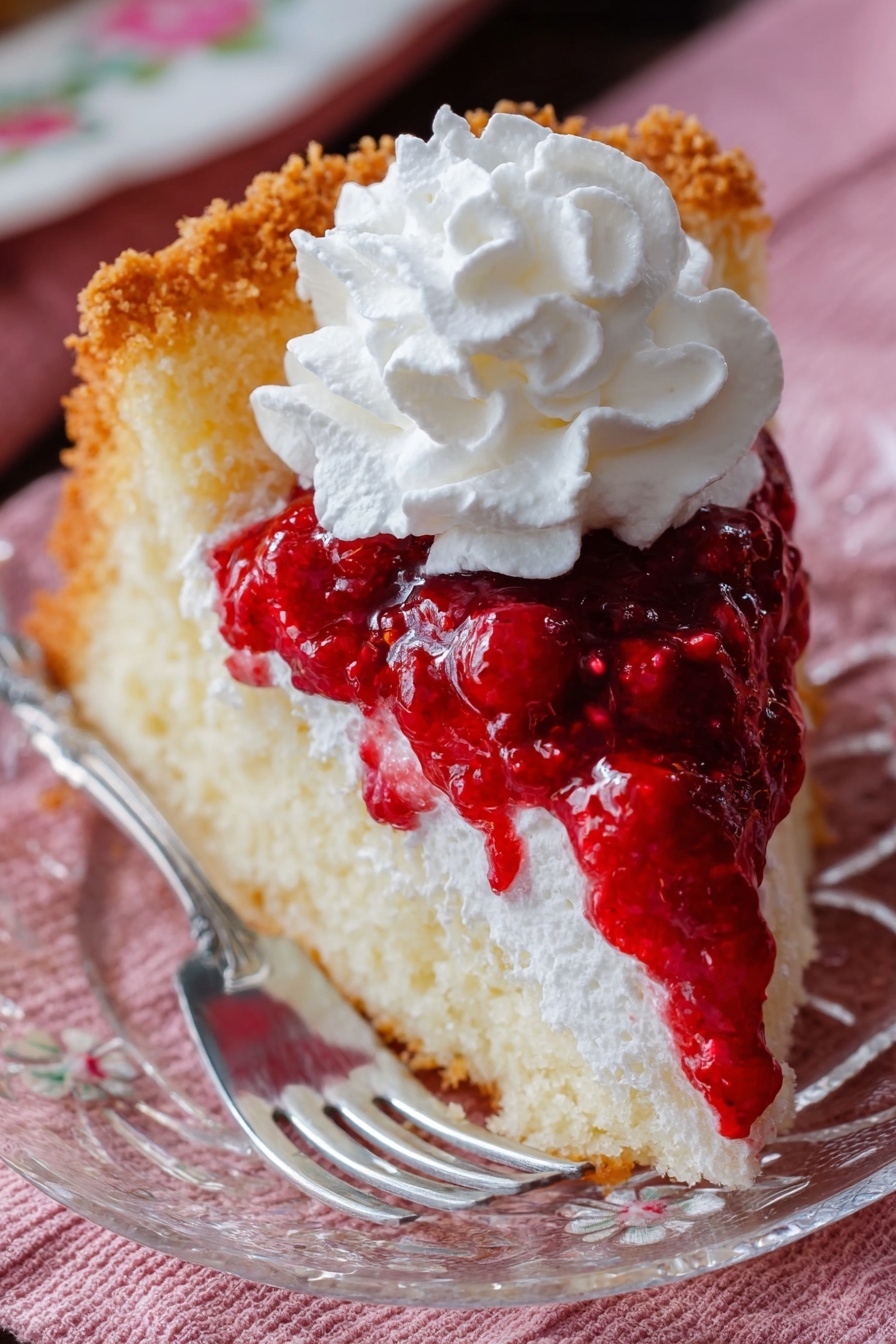 A slice of white cake with a rough golden brown crust on the edges is topped with a layer of bright red raspberry sauce with visible berry chunks, followed by a swirl of white whipped cream on top. The slice rests on a clear glass plate with floral patterns, placed on a pink textured cloth, with a silver fork next to it. photo taken with an iphone --ar 2:3 --v 7 - Easy Raspberry Sauce, raspberry sauce recipe, homemade raspberry sauce, versatile fruit sauce, quick dessert toppings