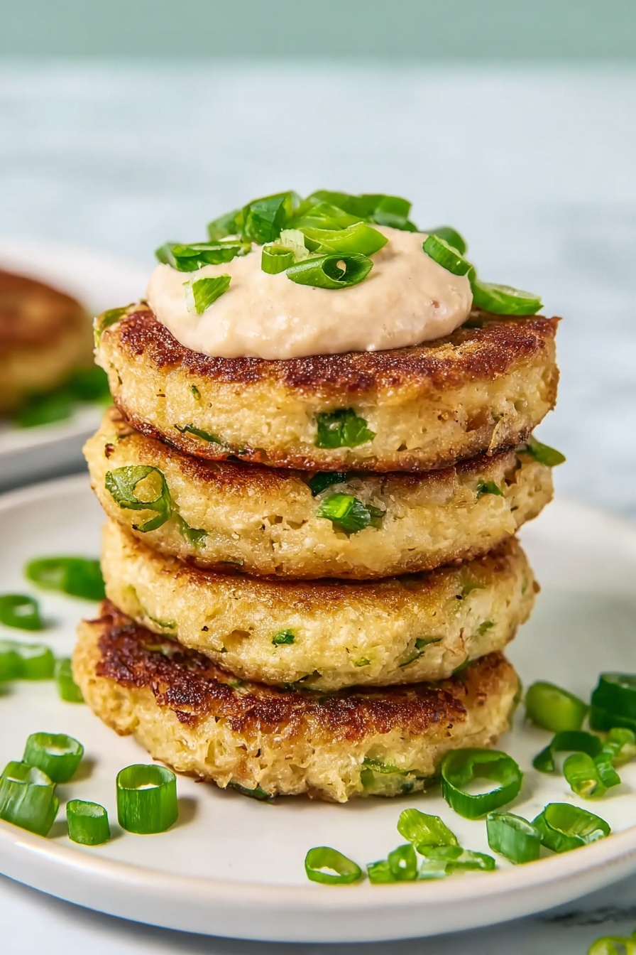 The image shows a white plate filled with twelve golden brown pancakes arranged in overlapping layers. The pancakes are round and have a slightly crispy texture with small green scallion slices scattered on top. To the top right of the plate, there is a small white bowl filled with creamy, light beige sauce. The plate and bowl are placed on a white marbled surface. Photo taken with an iphone --ar 2:3 --v 7 - Irish Potato Pancakes Irish Potato Pancakes Recipe Potato Pancakes Irish Comfort Food Traditional Irish Potato Pancakes