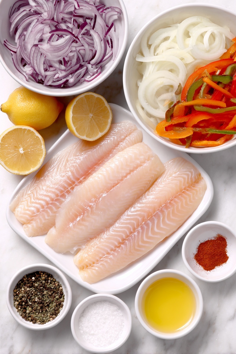 Flat lay of four fresh tilapia fillets with pale pink flesh, a large white ceramic bowl of thick sliced white onions, a white ceramic bowl filled with medium thick strips of red and green bell peppers, a small white ceramic bowl of melted golden butter, a small white ceramic bowl of finely minced garlic, a small white ceramic bowl of bright yellow fresh lemon juice, three fresh whole lemons sliced into thin rounds, a small white ceramic bowl containing mixed dried Italian seasoning herbs, a small white ceramic bowl with reddish smoked paprika powder, a small white ceramic bowl with fine white onion powder, a small white ceramic bowl of coarse white salt, a small white ceramic bowl of black peppercorns, arranged symmetrically and realistically proportioned, placed on a clean white marble surface, soft natural light, photo taken with an iPhone, professional food photography style, fresh ingredients, white ceramic bowls, no bottles, no duplicates, no utensils, no packaging --ar 2:3 --v 7 --p m7354615311229779997 - Lemon Garlic Baked Tilapia, healthy baked fish dinner, easy seafood recipe, quick fish recipes, flavorful lemon garlic tilapia