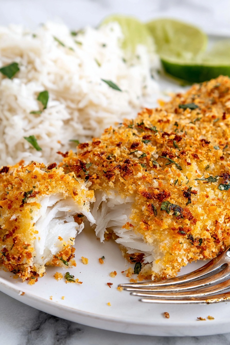 The image shows a close-up of a golden-brown, crispy breaded fish fillet broken open to reveal white, flaky fish inside. The fish coating has a crunchy texture with visible herbs and seasoning bits in orange, green, and black colors. On the left side of the white plate, there is a small pile of fluffy white rice with separated grains. Green lime slices rest near the top edge of the plate. A silver fork is placed at the bottom right corner. The background is a white marbled surface. photo taken with an iphone --ar 2:3 --v 7 - Parmesan Crusted Tilapia, crispy baked tilapia, quick fish dinner, healthy tilapia recipes, easy seafood recipes