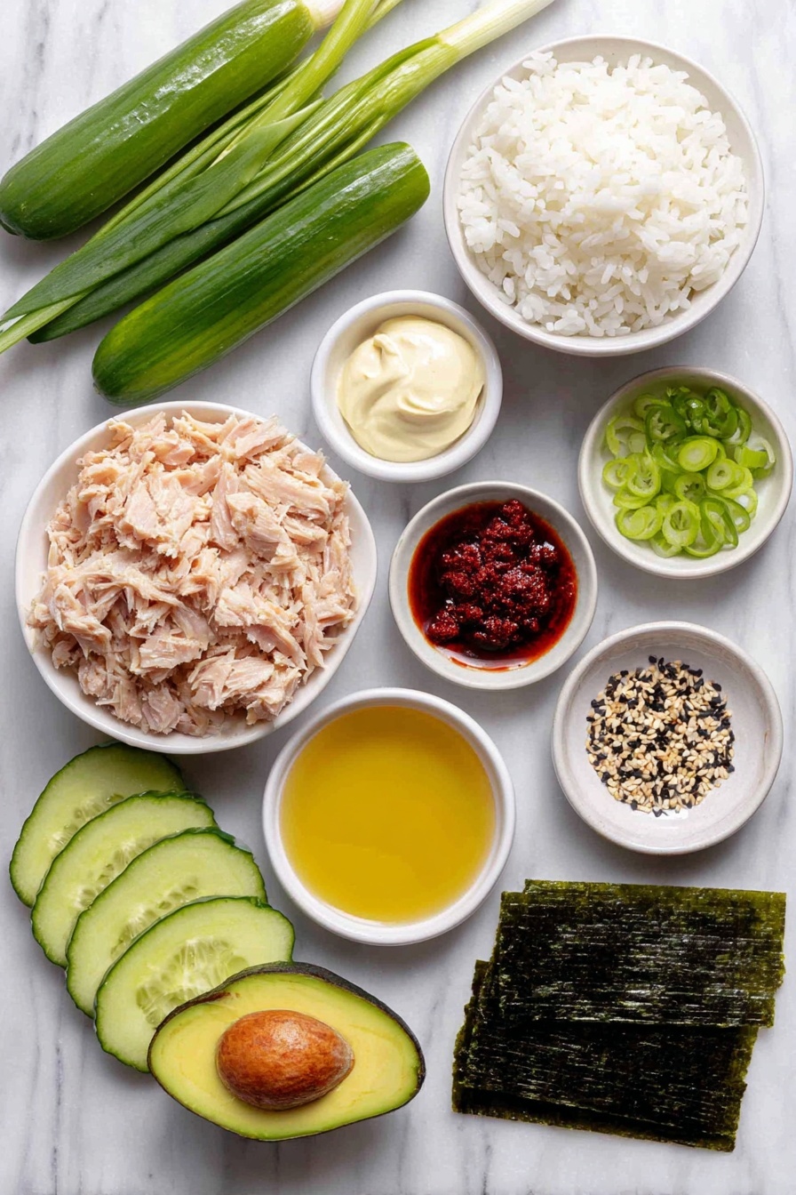 Flat lay of a small white ceramic bowl of drained flaky tuna, a small white ceramic bowl with creamy mayonnaise, a small white ceramic bowl of bright red sriracha chili sauce, a small white ceramic bowl of deep red gochugaru chili powder, a few chopped green onion pieces scattered next to a whole green onion stalk, a small white ceramic bowl with golden sesame oil, a mound of glossy short-grain sushi rice, a small white ceramic bowl of clear rice vinegar, a small white ceramic bowl with granulated sugar, three dark green nori seaweed sheets stacked neatly, a small white ceramic bowl with white sesame seeds, a small white ceramic bowl with black sesame seeds, half a cucumber sliced into long pale green sticks, and a sliced ripe avocado fanned out showing creamy light green flesh, placed on a clean white marble surface, soft natural light, photo taken with an iPhone, professional food photography style, fresh ingredients, white ceramic bowls, no bottles, no duplicates, no utensils, no packaging --ar 2:3 --v 7 --p m7354615311229779997 - Spicy Tuna Sushi Roll, sushi roll recipe, homemade sushi, spicy tuna sushi, easy sushi recipes