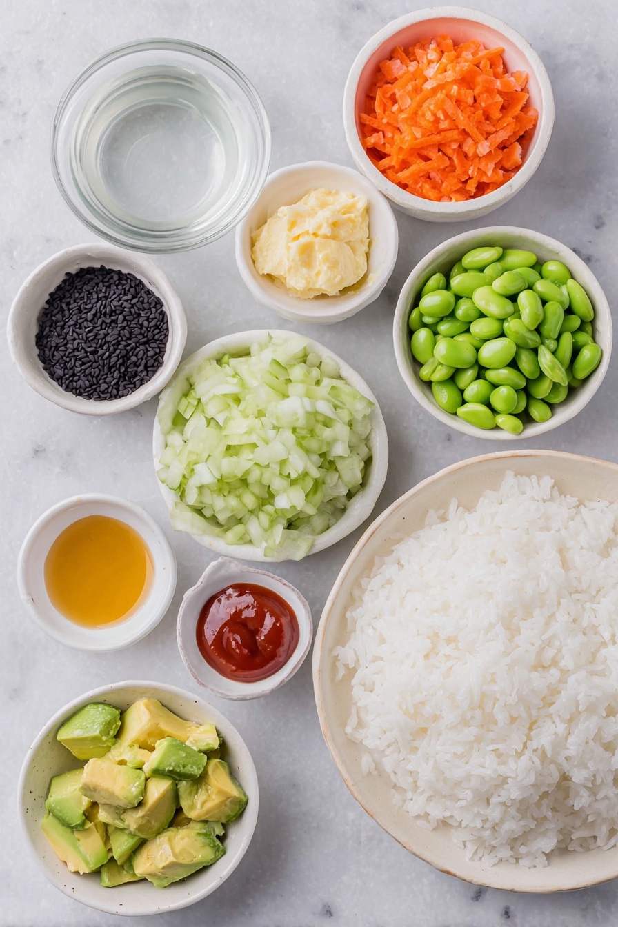 Flat lay of a small mound of glossy, cooked sushi rice on a simple white ceramic plate, a tiny white bowl filled with clear water beside it, a handful of finely chopped fresh orange carrot, green cucumber, and red bell pepper mixed together on a white ceramic dish, a small white bowl holding bright green shelled edamame, neatly diced creamy light green avocado pieces on a white plate, a small white bowl of pale creamy mayonnaise, another small white bowl with shiny reddish-orange Sriracha sauce, a tiny white bowl containing dark soy sauce, a small dish of golden honey, a little white bowl with glossy amber sesame oil, and a scattering of black sesame seeds arranged artfully on a white plate, all ingredients fresh and natural, placed on a clean white marble surface, soft natural light, photo taken with an iPhone, professional food photography style, fresh ingredients, white ceramic bowls, no bottles, no duplicates, no utensils, no packaging --ar 2:3 --v 7 --p m7354615311229779997 - Sushi Cups with Spicy Mayo, sushi cup recipe, edible sushi cups, quick sushi appetizers, spicy mayo sushi
