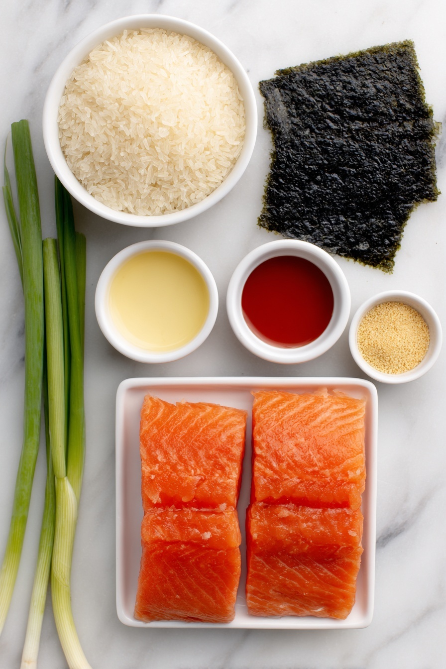 Flat lay of cubed fresh salmon, a small white bowl of light soy sauce, a small white bowl of creamy Kewpie mayo, a small white bowl of bright red Sriracha, a small white bowl of golden sesame oil, a simple mound of uncooked sushi rice, a small white bowl of clear rice vinegar mixed with white sugar, three sheets of crisp dark green nori, a small pile of furikake seasoning, and a few fresh green onion stalks, all arranged with perfect symmetry on a clean white marble surface, soft natural light, photo taken with an iPhone, professional food photography style, fresh ingredients, white ceramic bowls, no bottles, no duplicates, no utensils, no packaging --ar 2:3 --v 7 --p m7354615311229779997 - Baked Salmon Sushi Cups, sushi cups with salmon, baked salmon sushi appetizer, easy sushi cups, bite-sized sushi recipes
