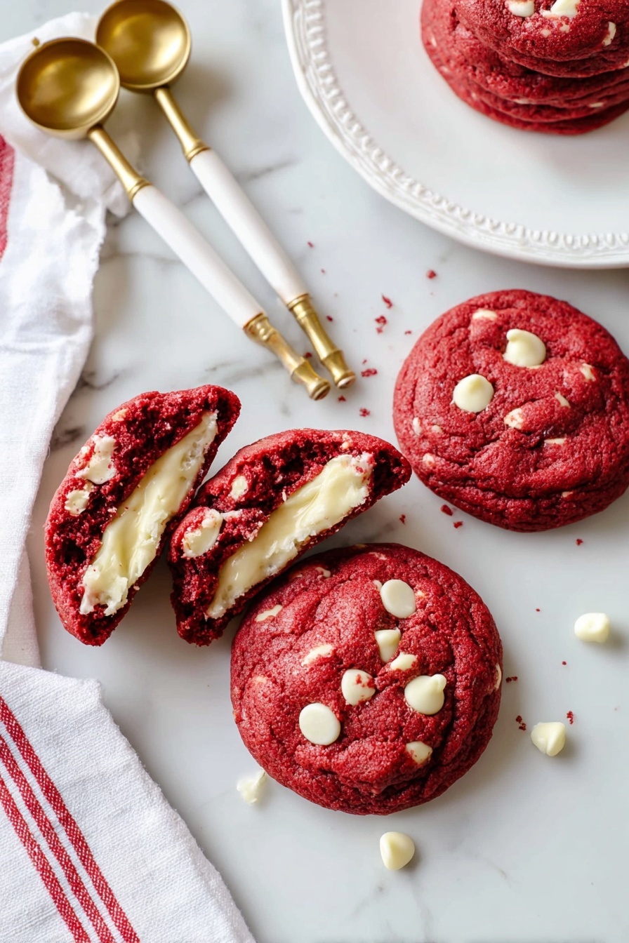 Three round red velvet cookies with white chocolate chips placed on a white marbled surface. Each cookie is thick with a soft texture, showing white chips scattered unevenly on the top layer. The cookies are arranged loosely with some space between them. Around the cookies are white ribbons with red stripes tied in simple bows, adding a festive touch. On the top left corner, part of a white plate with a textured edge is visible, and in the top right corner, some gold and white measuring spoons rest on the surface. photo taken with an iphone --ar 2:3 --v 7 - Cheesecake Stuffed Red Velvet Cookies, red velvet cookies with cream cheese filling, indulgent cheesecake cookie recipe, homemade stuffed cookies, easy red velvet dessert