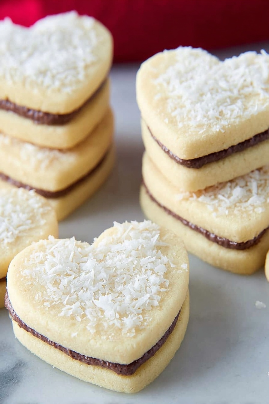 A stack of heart-shaped cookies is shown on a white marbled surface. Each cookie has two light yellow layers with a smooth texture, and between them is a thin layer of chocolate covered in white shredded coconut. Several more cookies are scattered in the background, and a red cloth is draped softly out of focus. The cookies look soft and slightly crumbly, with a simple but inviting appearance. Photo taken with an iphone --ar 2:3 --v 7 - Heart Sandwich Cookies with Dulce de Leche, heart-shaped alfajores, dulce de leche filled cookies, buttery sandwich cookies, romantic cookie treats