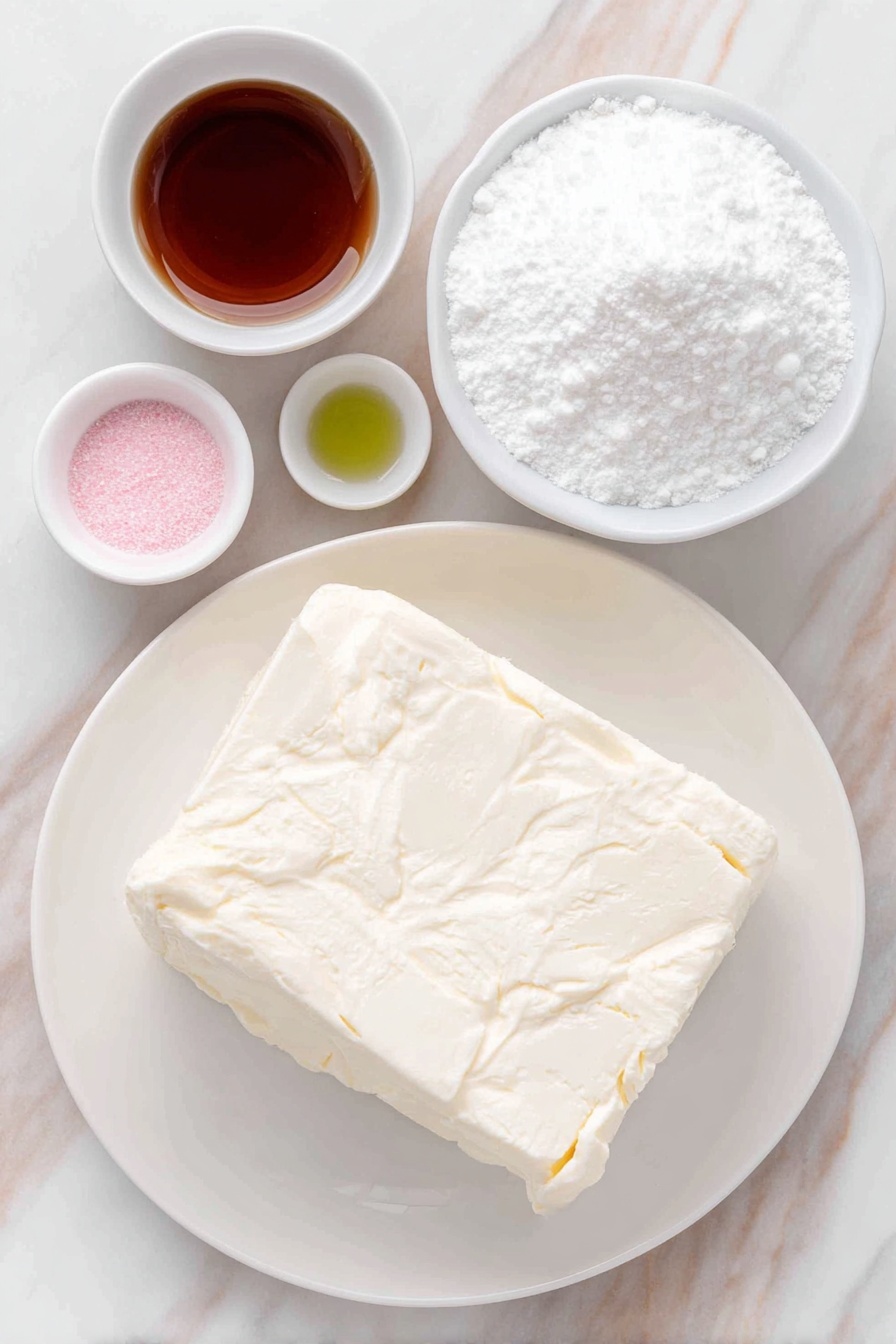 Flat lay of a small block of fresh cream cheese, a quarter cup of unsalted butter on a simple white ceramic plate, a small white bowl filled with fine confectioners’ sugar, a tiny white bowl holding clear peppermint extract, and a few drops of vibrant pastel pink, green, and yellow food coloring resting nearby, all arranged with perfect symmetry and balanced proportions on a clean white marble surface, soft natural light, photo taken with an iPhone, professional food photography style, fresh ingredients, white ceramic bowls, no bottles, no duplicates, no utensils, no packaging --ar 2:3 --v 7 --p m7354615311229779997 - Valentine's Cream Cheese Mints, homemade cream cheese mints, easy Valentine treats, pastel mint candies, festive homemade candies