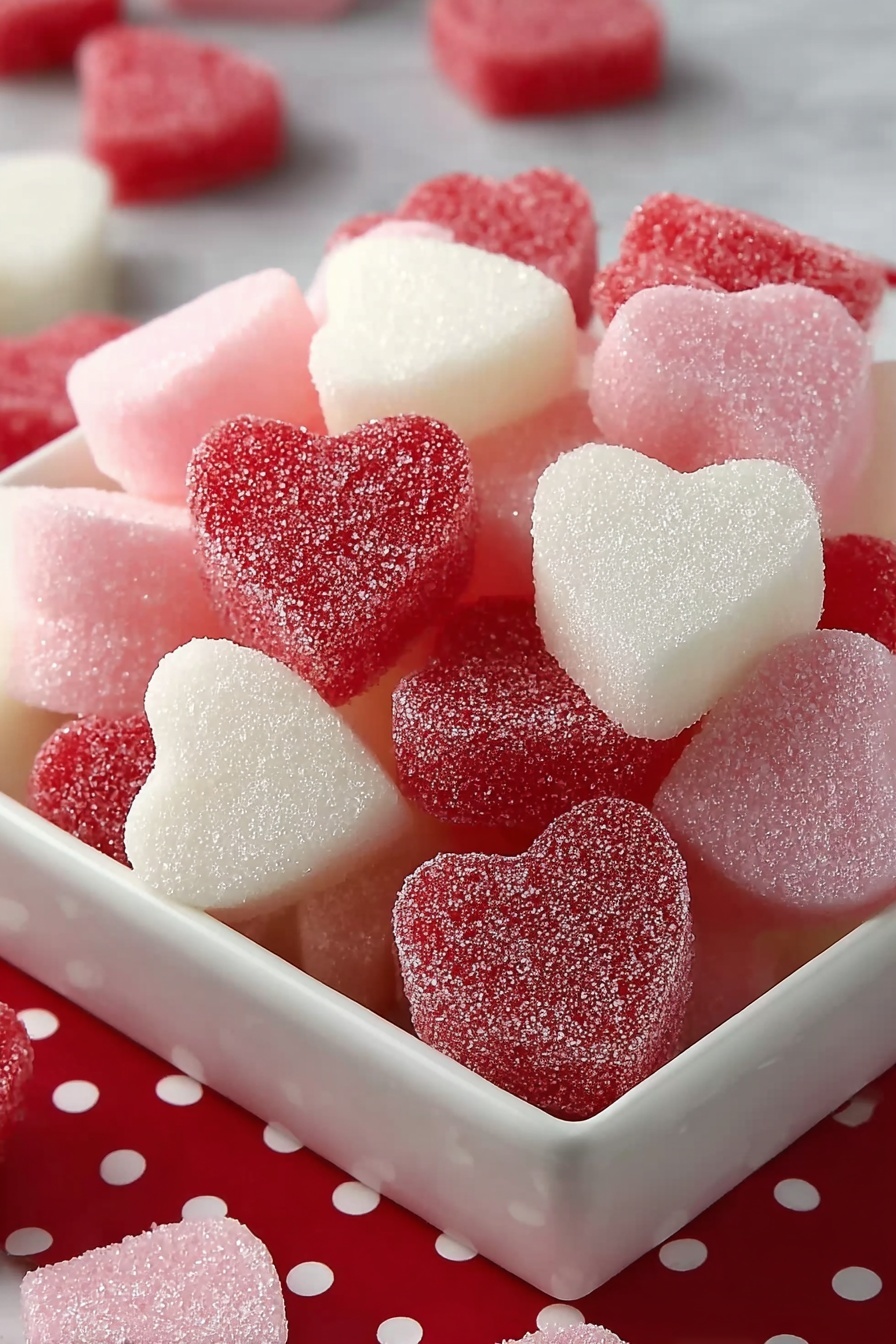 The image shows many heart-shaped candies piled together, with three colors: red, pink, and white. Each candy has a sugar-coated texture that makes it sparkle. The candies are closely packed, creating a mix of colors where red hearts are the most common, pink hearts are in the middle, and white hearts appear throughout. The surface looks smooth but covered with sugar grains, adding a slightly rough look. photo taken with an iphone --ar 2:3 --v 7 - Valentine's Cream Cheese Mints, homemade cream cheese mints, easy Valentine treats, pastel mint candies, festive homemade candies