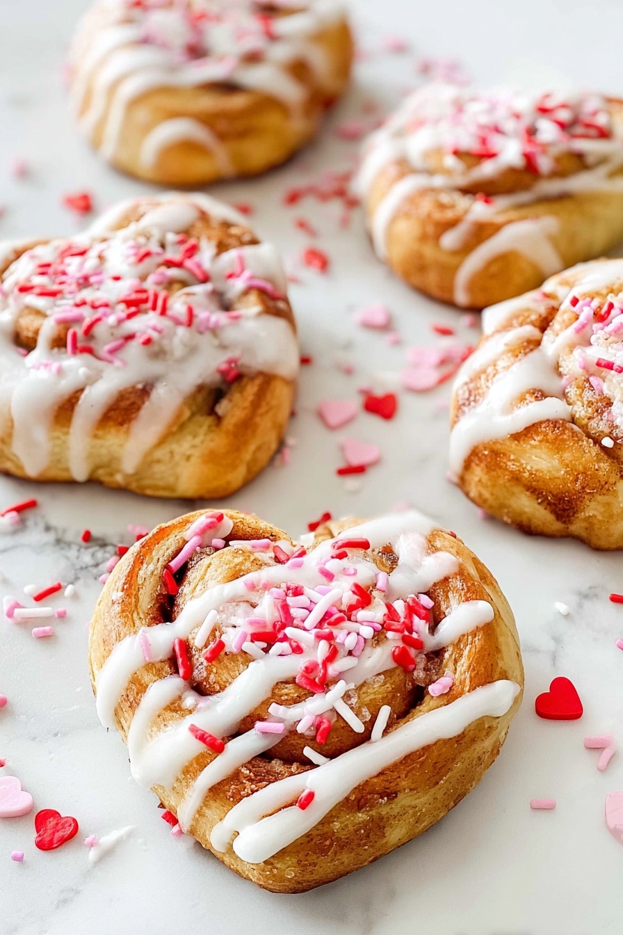 The image shows soft, golden-brown cinnamon rolls with white icing drizzled thickly on top. On the icing, there are red, pink, and white heart-shaped and sprinkle decorations scattered around, adding a festive look. The rolls have visible layers of swirled dough inside, showing a light fluffy inside with cinnamon filling. One roll in the front has a piece pulled off, showing its soft interior. The rolls are placed on a white marbled textured surface. photo taken with an iphone --ar 2:3 --v 7 - Heart-Shaped Cinnamon Rolls, Valentine’s Day Cinnamon Rolls, Easy Cinnamon Roll Recipe, Cute Cinnamon Buns, Homemade Cinnamon Rolls