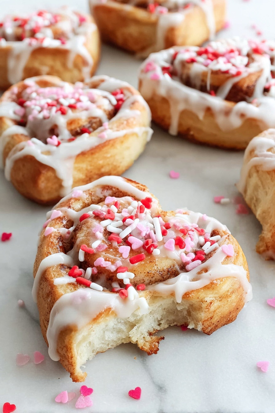A heart-shaped cookie with a golden-brown base is decorated with white icing drizzled across its top in thin, uneven lines. The cookie is sprinkled generously with red, pink, and white sprinkles, which include small hearts, rods, and dots scattered both on the cookie and around it on a white marbled surface. The texture of the cookie looks soft with slight ridges, and the overall scene is bright and clean. Photo taken with an iphone --ar 2:3 --v 7 - Heart-Shaped Cinnamon Rolls, Valentine’s Day Cinnamon Rolls, Easy Cinnamon Roll Recipe, Cute Cinnamon Buns, Homemade Cinnamon Rolls