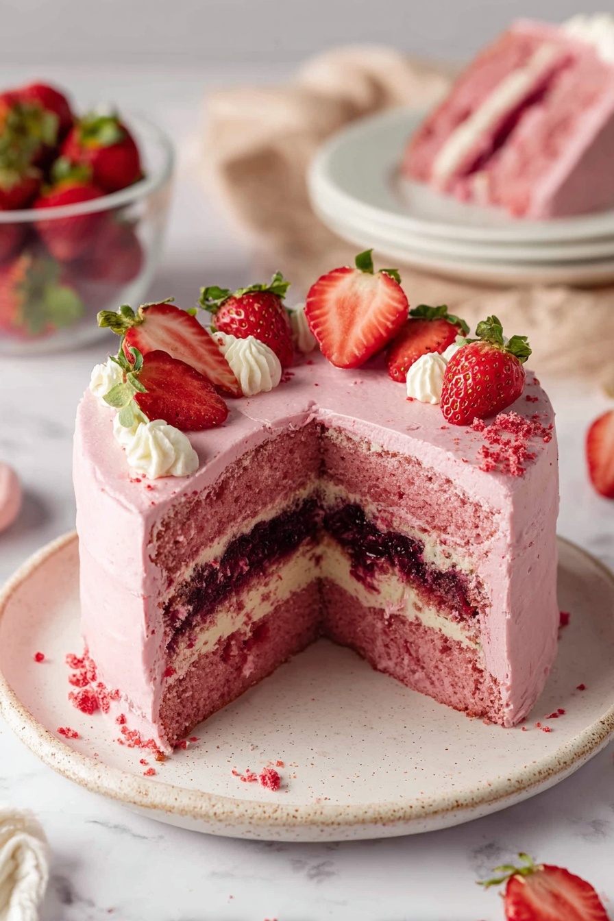 A round, single-layer pink strawberry cake sits on a white marbled surface. The cake's smooth pink frosting covers the top fully, decorated with whole and halved fresh strawberries placed around the edge in a circular pattern. Small white cream dollops are piped between the strawberries, with tiny pieces of freeze-dried strawberries sprinkled lightly as garnish. Several loose whole and halved strawberries are scattered around the cake on the white marbled surface. Photo taken with an iphone --ar 2:3 --v 7 - Vegan Strawberry Cake, vegan strawberry dessert, plant-based strawberry cake, healthy vegan cake, fresh strawberry dessert