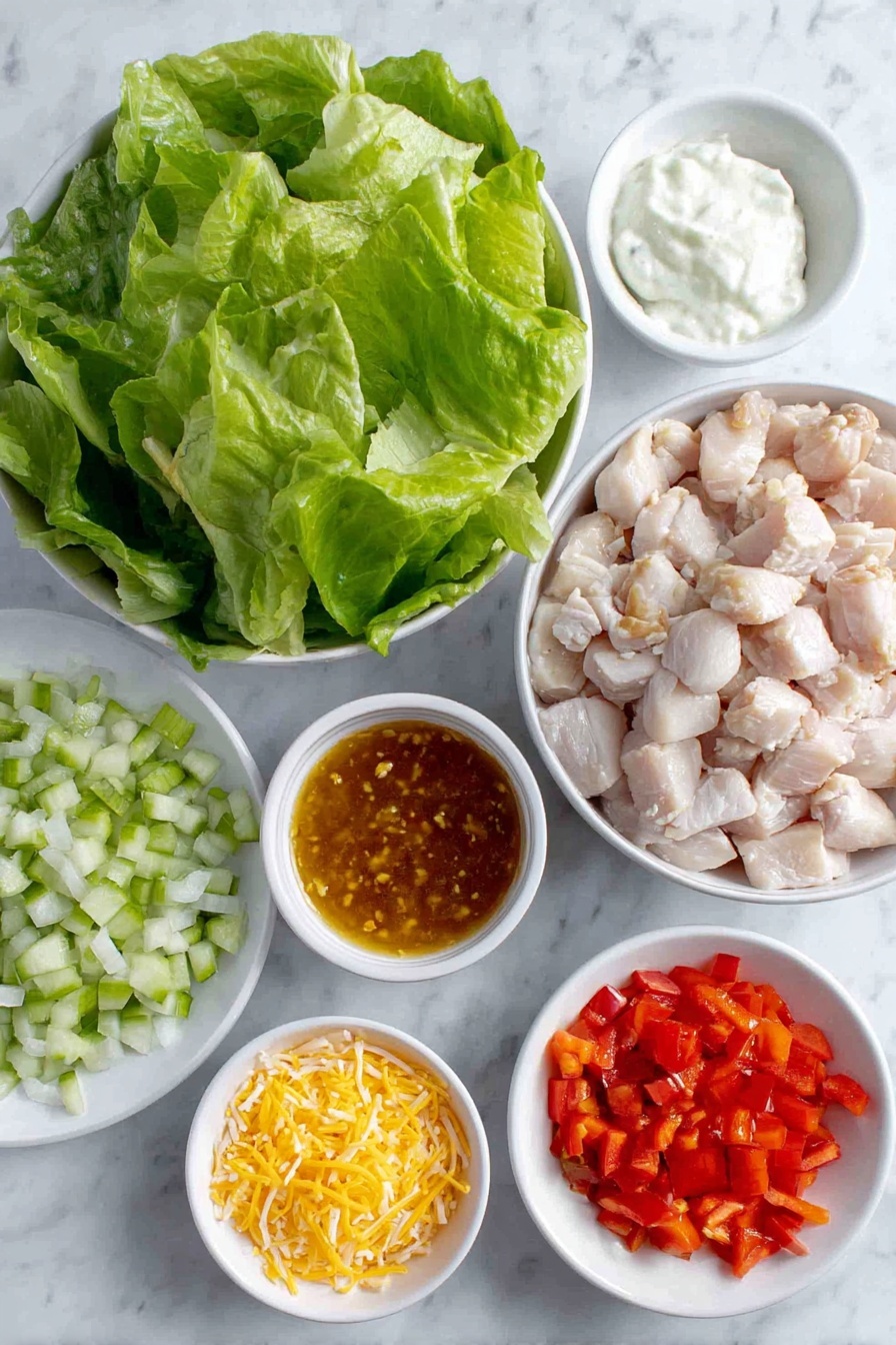 Flat lay of diced cooked chicken breast, small white bowl of golden honey garlic sauce, small white bowl of bright red buffalo wing sauce, two heads of fresh chopped romaine lettuce, small white bowl of creamy ranch dressing, half medium diced red onion, large diced red bell pepper, half large diced cucumber, small pile of shredded cheddar cheese, all arranged with perfect symmetry and realistic proportions on simple white ceramic plates and bowls, placed on a clean white marble surface, soft natural light, photo taken with an iPhone, professional food photography style, fresh ingredients, white ceramic bowls, no bottles, no duplicates, no utensils, no packaging --ar 2:3 --v 7 --p m7354615311229779997 - Honey Hot Chicken Salad, spicy chicken salad with honey, quick chicken salad recipe, buffalo chicken salad, sweet and spicy chicken salad