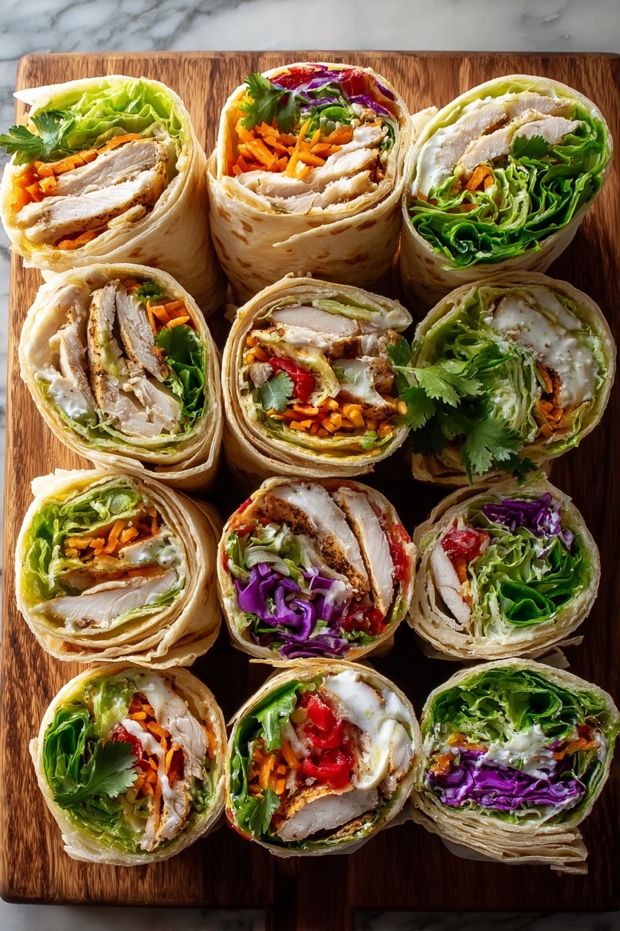 A wooden board holds eight cut tortilla wraps arranged closely in two rows. Each wrap shows multiple layers: a soft, lightly toasted outer white tortilla, followed by a mix of bright green lettuce, folded white cooked chicken slices, and various vegetables including purple cabbage, orange shredded carrot, red bell pepper, and fresh green cilantro leaves. Some wraps have a creamy white sauce visible near the edges. The wraps are tightly rolled, showing clear spiral layers of colorful fresh vegetables and tender chicken inside. The background is a white marbled texture. photo taken with an iphone --ar 2:3 --v 7 - Chicken Caesar Wraps, easy lunch recipes, quick chicken wraps, healthy dinner ideas, best Caesar wraps