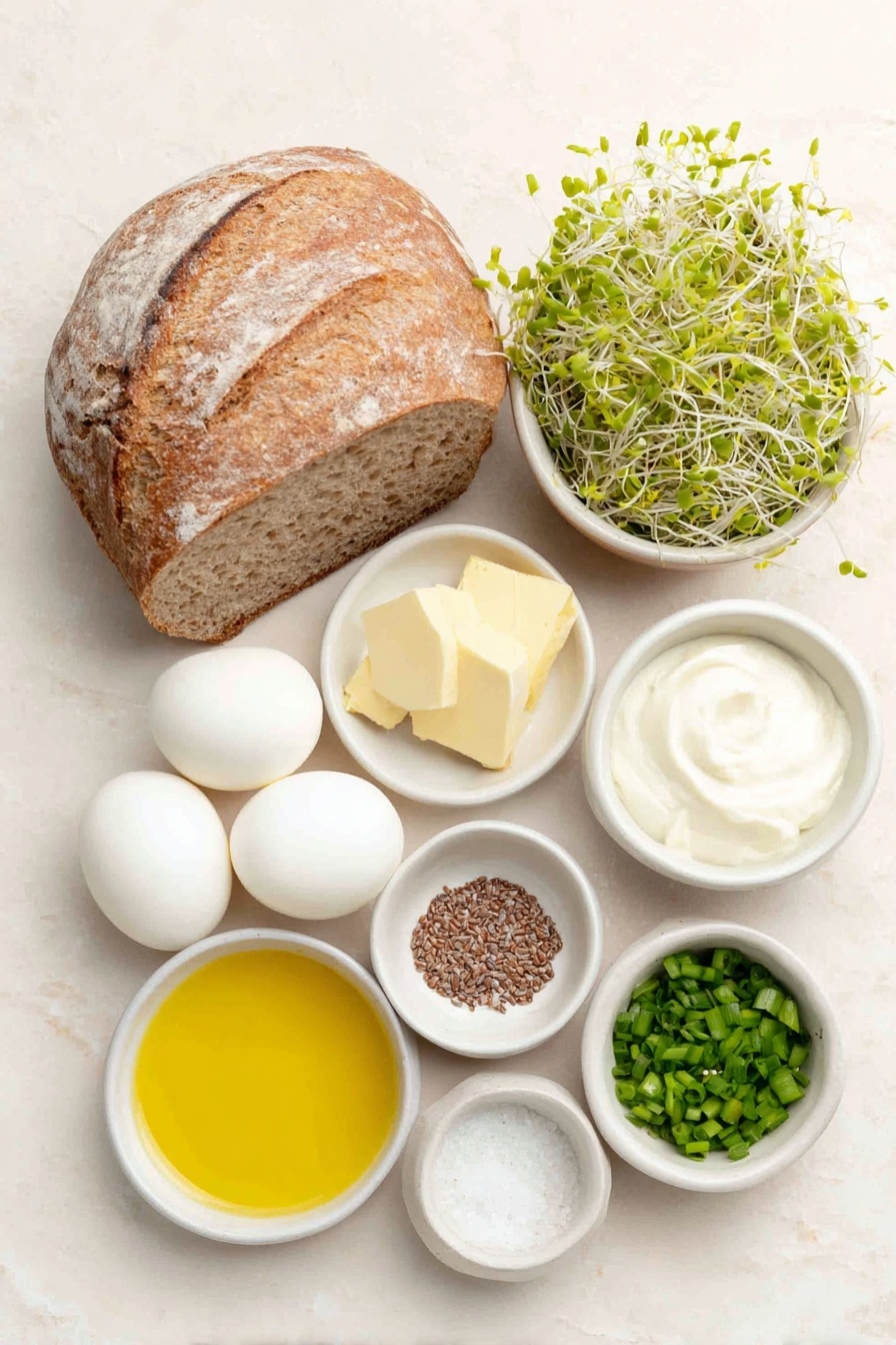 Flat lay of a thick slice of whole-wheat bread with a rustic crust, a handful of fresh arugula leaves, several round slices of creamy white fresh mozzarella cheese, thin crisp slices of English cucumber, a ripe avocado cut into neat slices showcasing its smooth green flesh, a small pile of delicate alfalfa sprouts, a small white ceramic bowl with smooth Greek yogurt, a small white ceramic bowl with glossy light beige mayonnaise, a small white ceramic bowl containing grated garlic, a small white ceramic bowl filled with finely chopped fresh chives, another small white ceramic bowl with finely chopped fresh tarragon, a small white ceramic bowl holding bright yellow lemon zest, a small white ceramic bowl with fresh lemon juice, a small white ceramic bowl of golden olive oil, a tiny white ceramic bowl with fine salt, and another tiny white ceramic bowl with ground black pepper — all arranged symmetrically and balanced, placed on a clean white marble surface, soft natural light, photo taken with an iPhone, professional food photography style, fresh ingredients, white ceramic bowls, no bottles, no duplicates, no utensils, no packaging --ar 2:3 --v 7 --p m7354615311229779997 - Green Goddess Sandwich with Fresh Veggies, healthy veggie sandwich, quick vegetarian lunch, herby veggie sandwich, easy plant-based recipes
