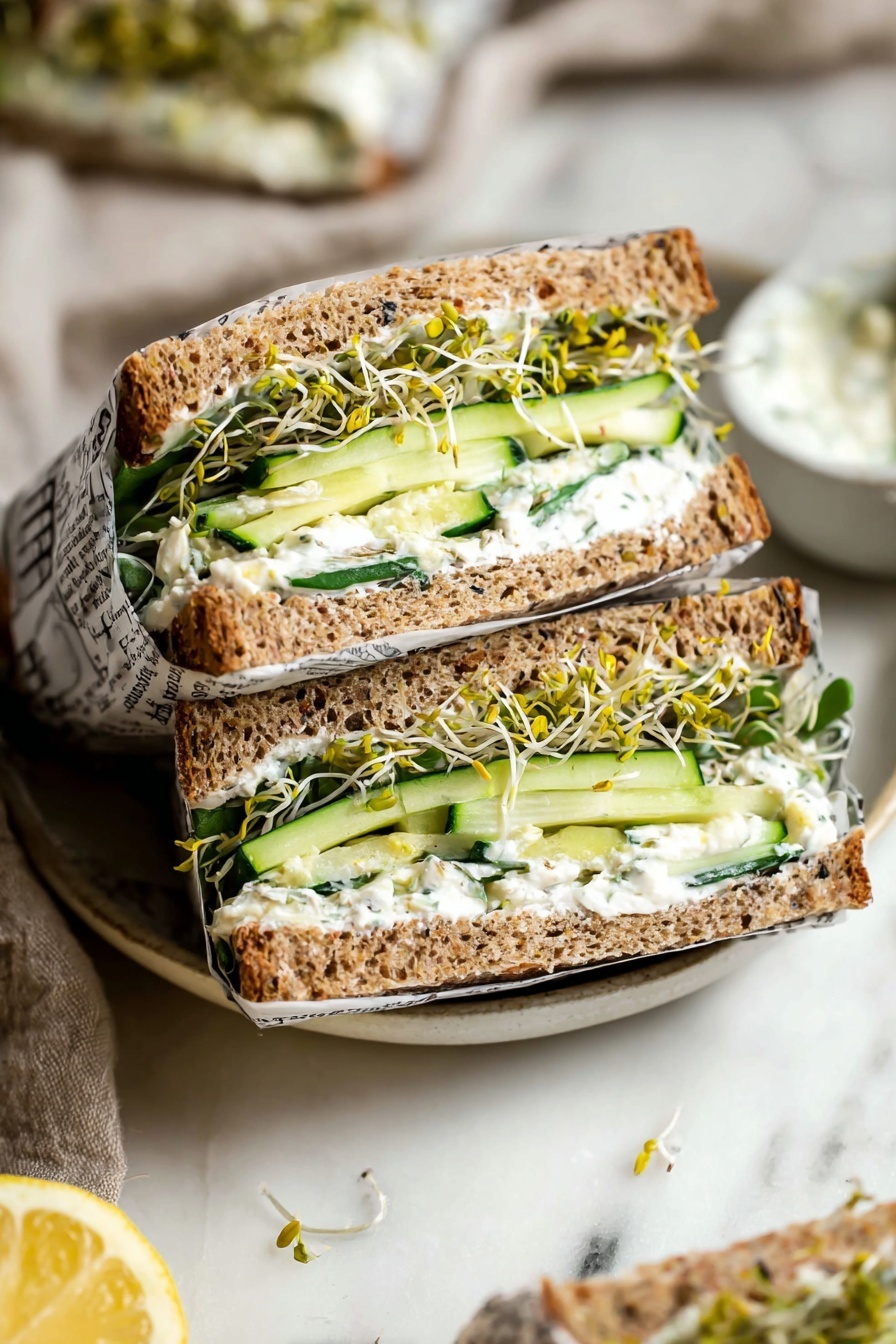 This image shows a sandwich cut in half, wrapped in a black and white newspaper-style paper, placed on a white plate with a white marbled surface underneath. Each sandwich half has three visible layers: the top and bottom layers are thick slices of brown whole grain bread with a rough texture; the middle layer is creamy white spread with small green herbs mixed in; on top of the spread, there are long thin slices of pale green cucumber and light green leafy greens, topped with light yellow-green alfalfa sprouts with thin stems and small leaves, slightly spilling over the sides. A white bowl with greenish white sauce is partly visible in the background, along with part of a lemon slice on a white plate. Photo taken with an iphone --ar 2:3 --v 7 - Green Goddess Sandwich with Fresh Veggies, healthy veggie sandwich, quick vegetarian lunch, herby veggie sandwich, easy plant-based recipes