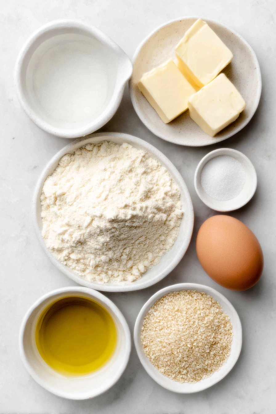 Flat lay of a small mound of all purpose flour on a simple white ceramic plate, a small white bowl with clear water, a small white bowl filled with granulated white sugar, a few pats of soft unsalted butter, a small white bowl of golden vegetable oil, one heap of fine instant yeast powder on a white ceramic dish, one large whole brown egg with a clean shell, a small white bowl containing fine white table salt, a small white bowl with melted unsalted butter, a small white bowl holding a raw whole egg, a small white bowl with clear water, and a small pile of sesame seeds on a white ceramic plate, arranged in perfect symmetry and natural proportions, all ingredients fresh and natural, placed on a clean white marble surface, soft natural light, photo taken with an iPhone, professional food photography style, fresh ingredients, white ceramic bowls, no bottles, no duplicates, no utensils, no packaging --ar 2:3 --v 7 --p m7354615311229779997 - Homemade Hamburger Buns, soft burger buns from scratch, easy burger bun recipe, homemade burger buns, best homemade buns recipe