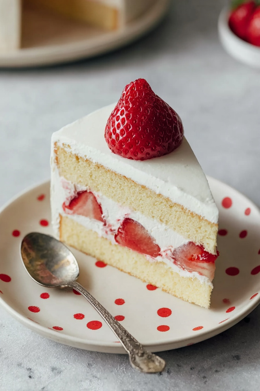 A round cake with smooth white frosting covers the top and sides evenly. The cake has two visible layers, with a thin light sponge layer just above the base visible through the frosting. On the top surface, there are seven whole bright red strawberries placed in a circle near the edges, each strawberry standing upright with its pointed end up. The cake sits on a simple silver cake board, which is placed on a white marbled surface. In the background, there is a striped gray cloth and a small white bowl with sliced strawberries. photo taken with an iphone --ar 2:3 --v 7 - Japanese Strawberry Cake, Easy Japanese Strawberry Cake, Fluffy Strawberry Cake, Japanese Fruit Cakes, Strawberry Layer Cake