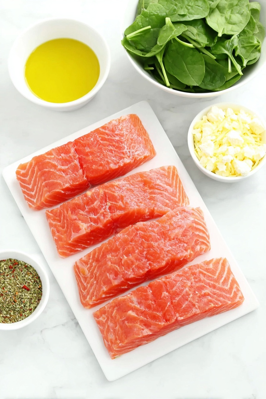 Flat lay of four long, fresh pieces of raw salmon fillet with bright pink flesh, a small white ceramic bowl of golden olive oil, a pile of fresh green baby spinach leaves, a block of crumbly white feta cheese, a small white bowl filled with chopped roasted red peppers, a small white bowl holding finely grated pale yellow parmesan cheese, and a white ceramic bowl with a fragrant mix of dried Italian herbs and bright reddish paprika powder, placed on a clean white marble surface, soft natural light, photo taken with an iPhone, professional food photography style, fresh ingredients, white ceramic bowls, no bottles, no duplicates, no utensils, no packaging --ar 2:3 --v 7 --p m7354615311229779997 - Stuffed Salmon with Spinach and Feta, healthy salmon dinner, quick salmon recipes, elegant salmon main dish, spinach and feta stuffed salmon
