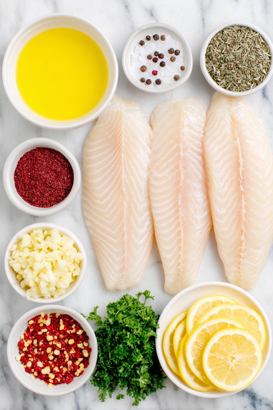 Flat lay of four fresh tilapia fillets with smooth, pale pink flesh, a small pile of coarse salt and freshly ground black peppercorns, a tiny mound of deep red paprika powder, a small heap of dried greenish-brown thyme leaves, a small heap of dried oregano leaves, a simple white ceramic bowl holding melted golden butter, a small white bowl filled with finely minced fresh garlic cloves, a white bowl with bright yellow freshly squeezed lemon juice, a small bowl containing vibrant yellow lemon zest, thin bright yellow lemon slices arranged neatly on a white plate, a few small red pepper flakes scattered gently, and a small bunch of vibrant green chopped fresh parsley all arranged symmetrically and balanced, placed on a clean white marble surface, soft natural light, photo taken with an iPhone, professional food photography style, fresh ingredients, white ceramic bowls, no bottles, no duplicates, no utensils, no packaging --ar 2:3 --v 7 --p m7354615311229779997 - Garlic Butter Oven Baked Tilapia, baked tilapia fillets, easy fish recipes, healthy fish dinner, quick seafood recipes