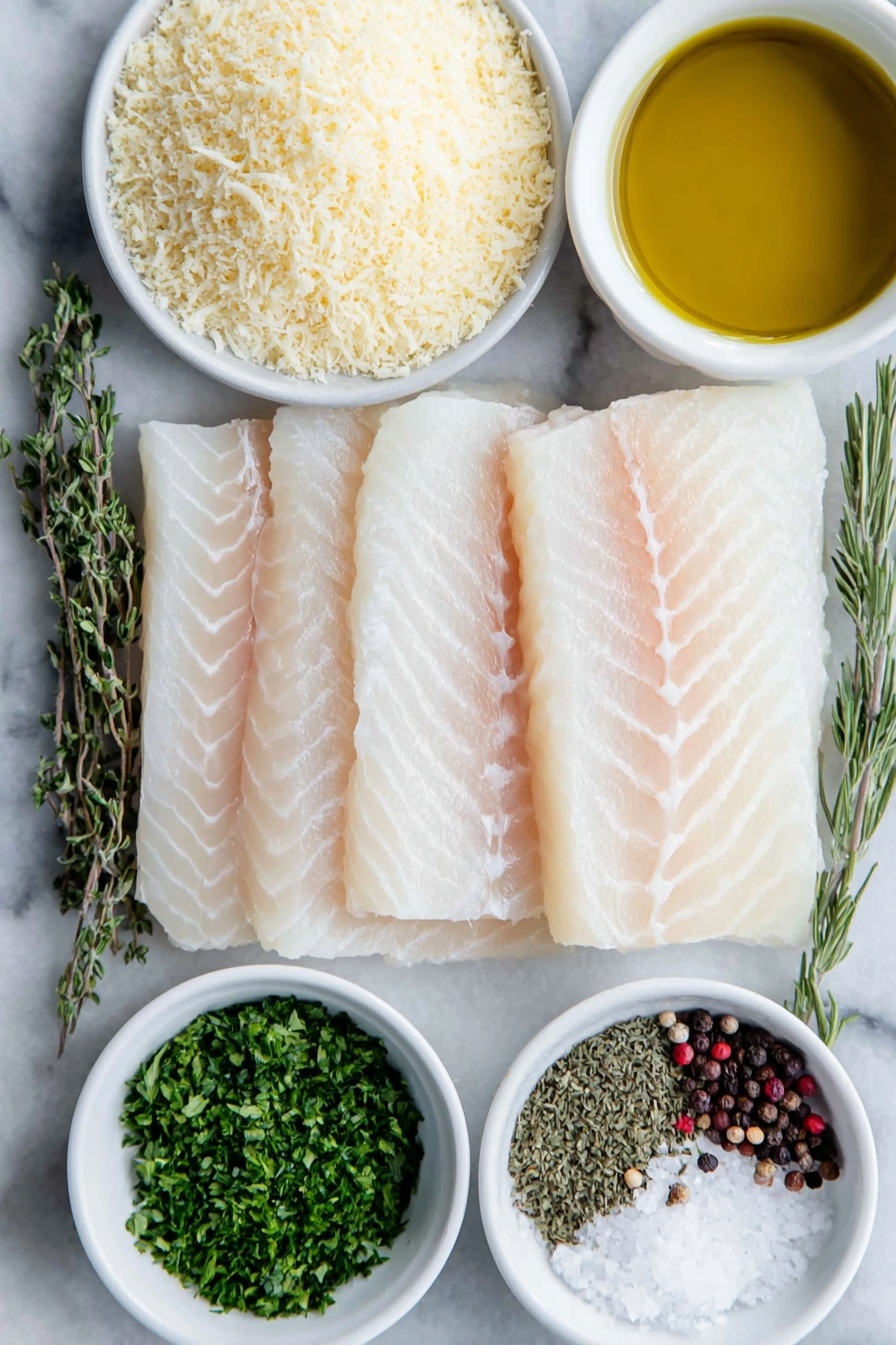 Flat lay of four fresh tilapia filets with smooth pale pink flesh, a small mound of golden panko breadcrumbs, a small white bowl of finely grated pale yellow parmesan cheese, a small white bowl of mixed green Italian seasoning herbs, a small white bowl of pale beige garlic powder, a small white bowl with bright green freshly chopped parsley, a small white bowl with fresh lime juice showing a pale yellow-green liquid, coarse salt crystals and cracked black peppercorns scattered neatly in a line, and a small white bowl with rich golden olive oil, all arranged in perfect symmetry on a clean white marble surface, soft natural light, photo taken with an iPhone, professional food photography style, fresh ingredients, white ceramic bowls, no bottles, no duplicates, no utensils, no packaging --ar 2:3 --v 7 --p m7354615311229779997 - Parmesan Crusted Tilapia, crispy baked tilapia, quick fish dinner, healthy tilapia recipes, easy seafood recipes