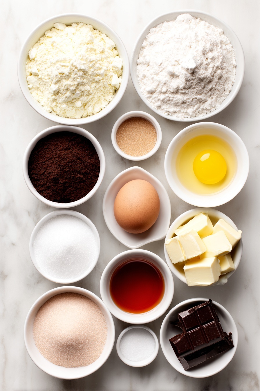 Flat lay of a small mound of all-purpose flour, a small white ceramic bowl of sifted cocoa powder, a small white ceramic bowl with baking soda, a small white ceramic bowl with baking powder, a small white ceramic bowl filled with salt, a small white ceramic bowl holding melted unsalted butter, a small white ceramic bowl with granulated sugar, a small white ceramic bowl with packed light brown sugar, a small white ceramic bowl with vanilla extract, a small white ceramic bowl with white vinegar, one whole brown egg with a clean shell, a small white ceramic bowl containing bright red food coloring liquid, a small white ceramic bowl with melted milk chocolate, a small white ceramic bowl with melted white chocolate, a small white ceramic bowl holding pink/red oil-based food coloring, all arranged symmetrically and proportionally on a clean white marble surface, soft natural light, photo taken with an iPhone, professional food photography style, fresh ingredients, white ceramic bowls, no bottles, no duplicates, no utensils, no packaging --ar 2:3 --v 7 --p m7354615311229779997 - Red Velvet Bear Cookies, adorable stuffed cookies, homemade red velvet cookies, cute bear-shaped cookies, easy cookie recipes
