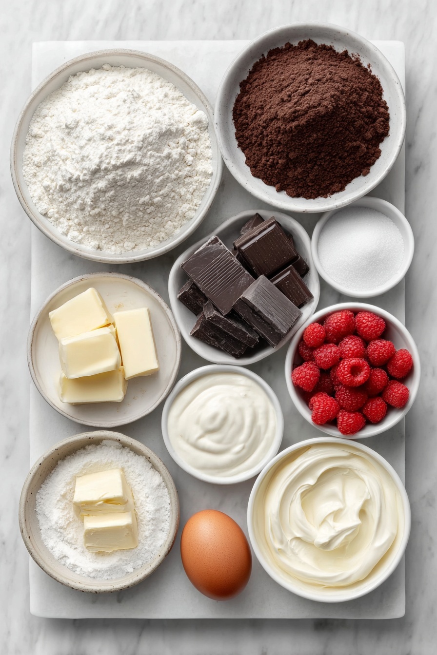 Flat lay of a small mound of all-purpose flour next to a small pile of rich, dark Dutch process cocoa powder, a small heap of fine white granulated sugar, soft pale yellow unsalted butter chunk, a whole brown egg and a separate whole egg yolk on a white ceramic plate, a small white ceramic bowl of smooth sour cream, a small white ceramic bowl with whole milk, a small pile of fine white powdered sugar, a small pile of crushed freeze-dried raspberries with vibrant red color, a small white ceramic bowl filled with deep red raspberry preserves, a collection of chopped semi-sweet dark chocolate pieces, a small white ceramic bowl of heavy cream, a pinch of coarse salt atop a white ceramic dish, and a scattering of fresh bright red raspberries — all ingredients fresh and natural, perfectly arranged with balanced layout and perfect symmetry, placed on a clean white marble surface, soft natural light, photo taken with an iPhone, professional food photography style, fresh ingredients, white ceramic bowls, no bottles, no duplicates, no utensils, no packaging --ar 2:3 --v 7 --p m7354615311229779997 - Chocolate Raspberry Cupcakes, raspberry chocolate cupcakes, decadent cupcake recipes, fruity chocolate dessert, moist raspberry cupcakes