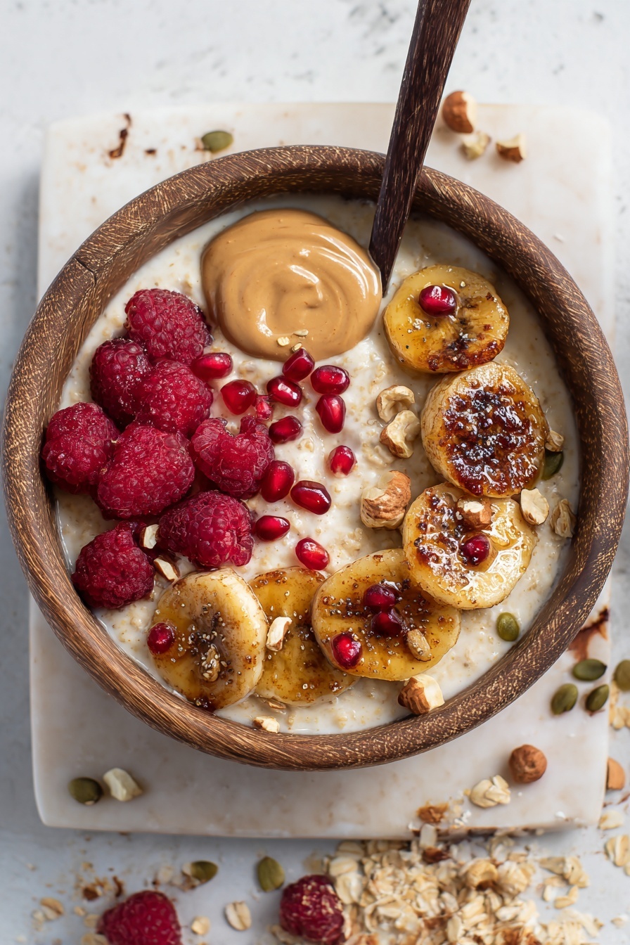 A wooden bowl is filled with a creamy light beige oatmeal base. On top, caramelized banana slices with a shiny golden brown glaze cover the right side, sprinkled with small pieces of hazelnuts and bright red pomegranate seeds. On the left side, there is a cluster of fresh red raspberries sitting next to a dollop of smooth light brown almond butter. Around the edges, some granola bits with a crunchy texture and pumpkin seeds add contrast. A dark wooden spoon rests inside the bowl. The bowl is placed on a white marbled surface with scattered granola and raspberry around it. Photo taken with an iphone --ar 2:3 --v 7 - Caramelized Banana Oatmeal Delight, caramelized banana oatmeal, healthy banana oatmeal, quick breakfast oatmeal, creamy banana oatmeal