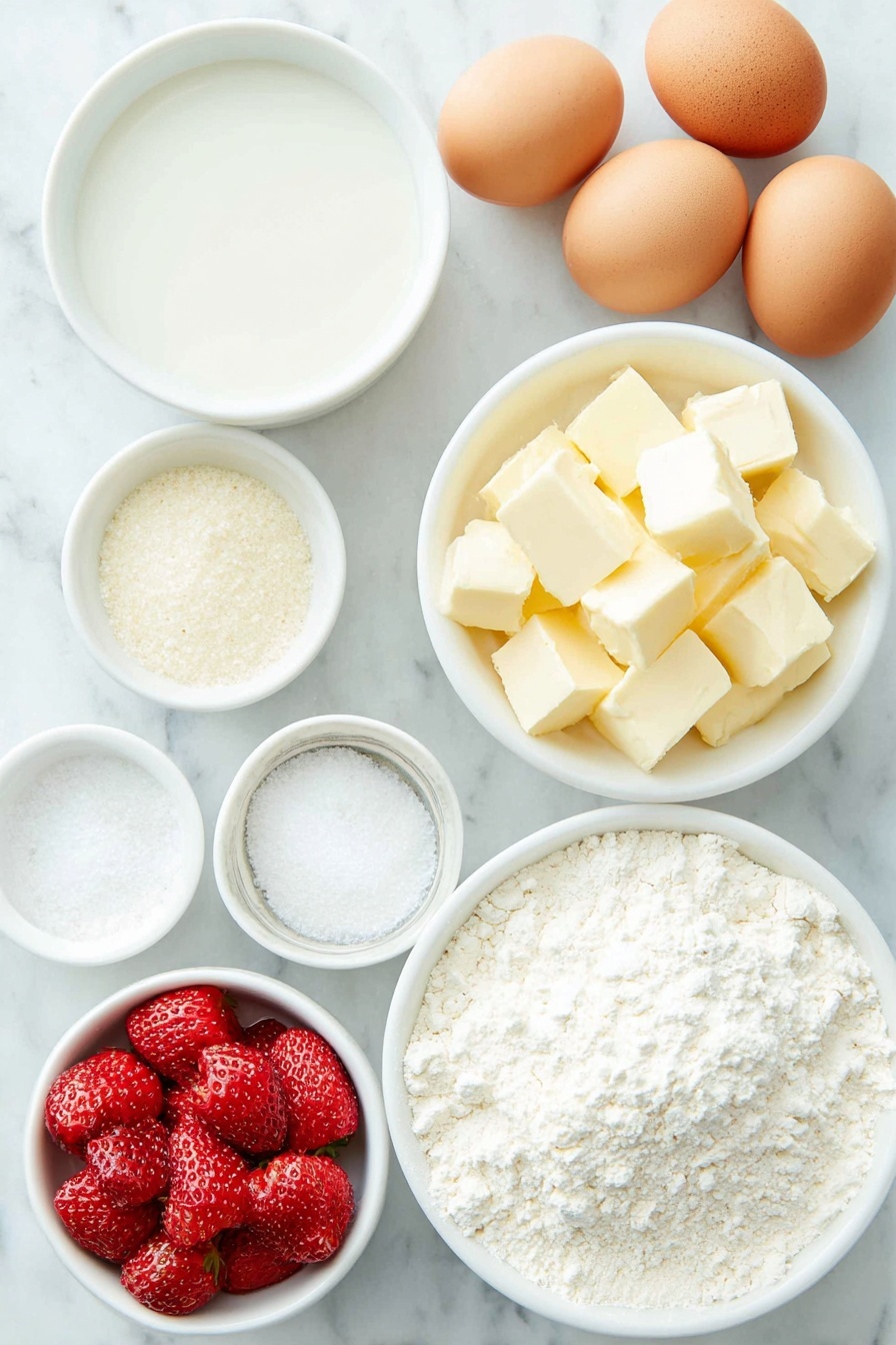 Flat lay of a small white ceramic bowl of water, a small white ceramic bowl of whole milk, a small white ceramic bowl of unsalted butter cubes, a small white ceramic bowl of granulated sugar, a small white ceramic bowl of salt, a small white ceramic bowl of bread flour, four large whole uncracked eggs with clean shells, a small white ceramic bowl of pureed fresh strawberries, a small white ceramic bowl of powdered sugar, a small white ceramic bowl of freeze-dried strawberry bits, placed on a clean white marble surface, soft natural light, photo taken with an iPhone, professional food photography style, fresh ingredients, white ceramic bowls, no bottles, no duplicates, no utensils, no packaging --ar 2:3 --v 7 --p m7354615311229779997 - Strawberry Glazed French Crullers, French Crullers with Strawberry Glaze, Easy Strawberry Cruller Recipe, Homemade Strawberry French Donuts, Light and Crispy French Crullers