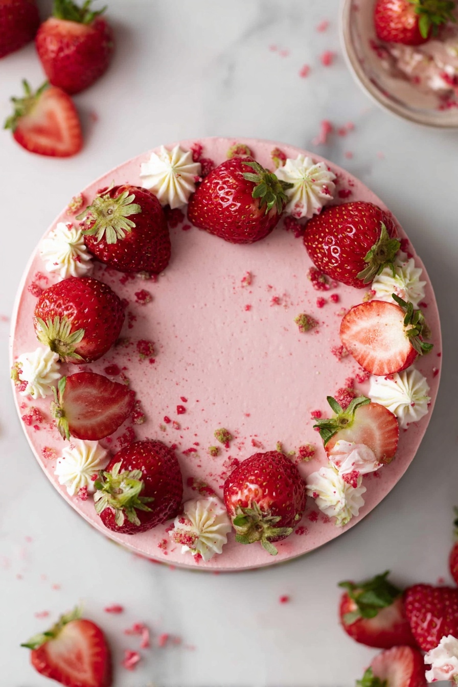 The image shows a thick slice of pink cake with three layers visible: the bottom and top layers are soft, moist, and pink, while the middle layer is a dark red jam spread between the cake layers. The cake is frosted with a smooth, light pink icing on the sides and top. The slice sits on a small textured beige plate. There are some fresh strawberries and another piece of the same cake on a scalloped white plate with gold trim in the background. The whole scene is on a white marbled surface. photo taken with an iphone --ar 2:3 --v 7 - Vegan Strawberry Cake, vegan strawberry dessert, plant-based strawberry cake, healthy vegan cake, fresh strawberry dessert