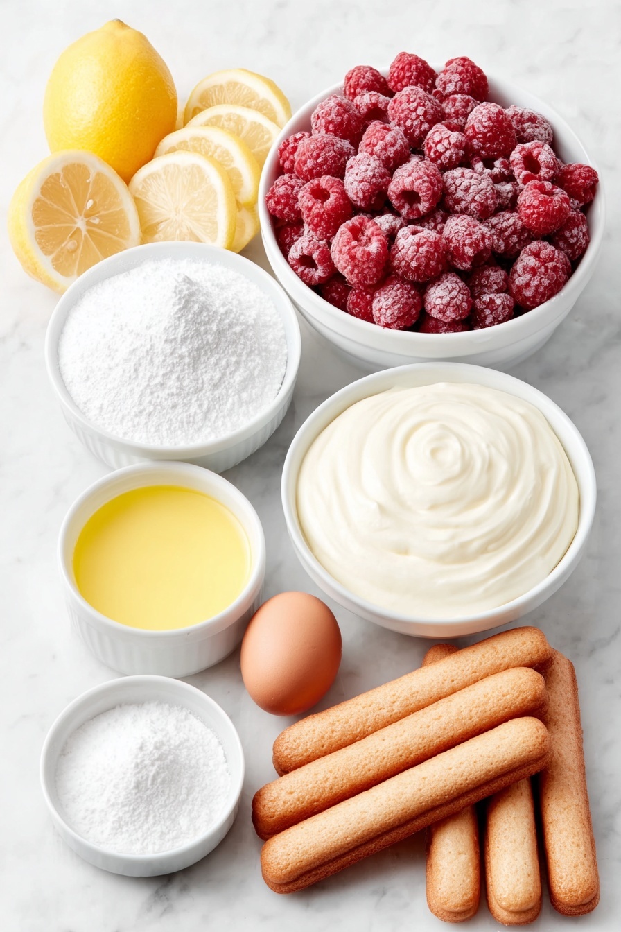 Flat lay of frozen raspberries scattered loosely beside a small white ceramic bowl filled with granulated sugar, a small white bowl containing bright yellow lemon juice, a small white bowl holding smooth powdered sugar, a fresh whole lemon cut into thin slices arranged neatly, a mound of fresh raspberries clustered naturally, a generous dollop of creamy mascarpone cheese in a simple white ceramic bowl, a small white bowl filled with heavy cream, a single uncracked brown egg (substituted here as the recipe contains no eggs baked but for visual interest and balance), and a neat row of golden ladyfinger cookies laid side by side, all placed on a clean white marble surface, soft natural light, photo taken with an iPhone, professional food photography style, fresh ingredients, white ceramic bowls, no bottles, no duplicates, no utensils, no packaging --ar 2:3 --v 7 --p m7354615311229779997 - Raspberry Tiramisu Delight, raspberry tiramisu, fruity tiramisu dessert, easy raspberry tiramisu, creamy mascarpone raspberry dessert