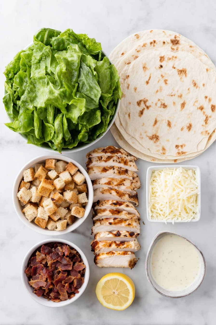 Flat lay of four large plain flour tortillas laid flat, fresh bright green romaine lettuce leaves, two grilled chicken breasts sliced into strips with golden char marks, small white ceramic bowl with finely grated pale parmesan cheese, small white ceramic bowl filled with halved vibrant red cherry tomatoes, small white ceramic bowl holding crunchy golden-brown croutons, small white ceramic bowl containing smoky brown bacon bits, small white ceramic bowl with creamy off-white Caesar dressing, small white ceramic bowl with fresh lemon wedges, small white ceramic bowl with a pinch of black pepper, small white ceramic bowl with garlic powder, all ingredients arranged symmetrically on a clean white marble surface, soft natural light, photo taken with an iPhone, professional food photography style, fresh ingredients, white ceramic bowls, no bottles, no duplicates, no utensils, no packaging --ar 2:3 --v 7 --p m7354615311229779997 - Chicken Caesar Wraps, easy lunch recipes, quick chicken wraps, healthy dinner ideas, best Caesar wraps