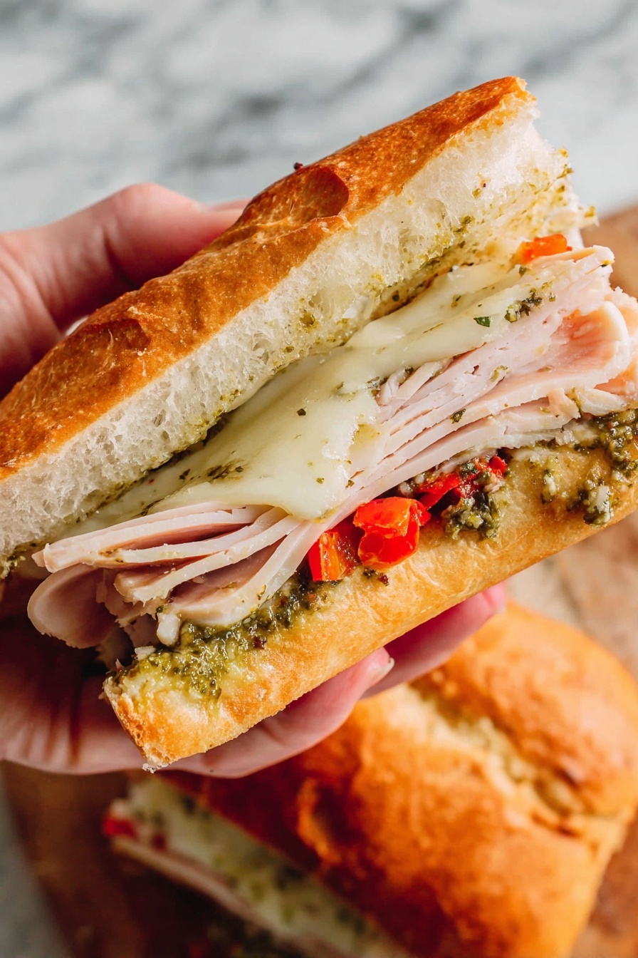 A sandwich is held by a woman's hand, made with a golden-brown crusty roll. Inside, there are layers of light pink sliced turkey meat folded smoothly, topped by melted white cheese with herbs visible in it. Below the turkey, there is a layer of greenish pesto mixed with pieces of red roasted peppers. The bread looks soft and airy inside, contrasting with its crunchy outer texture. The photo is taken on a white marbled surface, with the sandwich as the clear focus. Photo taken with an iphone --ar 2:3 --v 7 - Copycat Starbucks Turkey Pesto Sandwich, homemade turkey pesto sandwich, Starbucks-inspired turkey pesto, easy pesto turkey sandwich, delicious café style sandwich