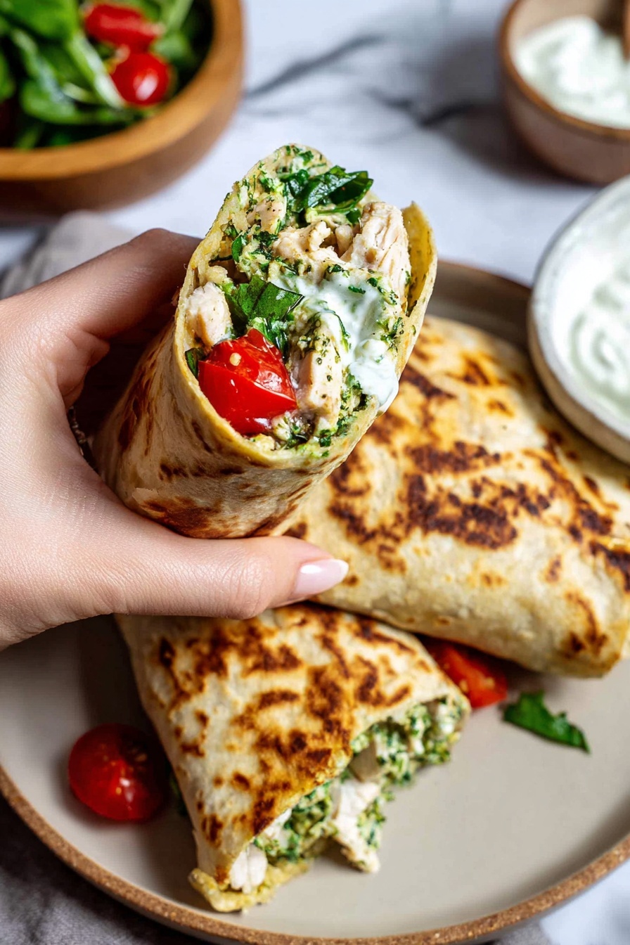 A close-up of a hand holding a toasted tortilla wrap filled with a mixture of green herbs, white pieces of chicken, red cherry tomatoes, and leafy greens. The wrap is golden brown with some darker toasted spots. On a beige plate below, there are two more folded, toasted wraps showing the same golden color and texture. In the background, there is a wooden bowl with white sauce and a white bowl with a spoon, all placed on a white marbled surface. photo taken with an iphone --ar 2:3 --v 7 - Chicken Pesto Wraps, easy chicken pesto wraps, healthy lunch wraps, quick dinner ideas, handheld chicken wraps