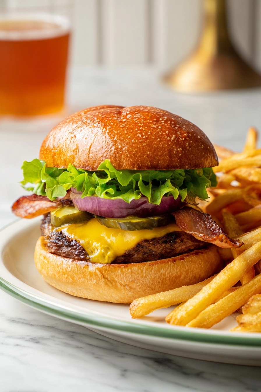 A burger sits on a white plate next to a pile of golden, crispy fries. The burger has a soft, shiny sesame seed bun with a green lettuce leaf just under the top bun. Below the lettuce, there are several green pickles and a thick ring of purple onion. Under the onion, there is a slice of bright yellow cheese melting slightly over a thick, juicy beef patty. A strip of crispy bacon peeks out from under the cheese. The bottom bun is toasted and light brown. The plate is on a white marbled surface with a glass of amber-colored drink blurred in the background. Photo taken with an iphone --ar 2:3 --v 7 - Homemade Hamburger Buns, soft burger buns from scratch, easy burger bun recipe, homemade burger buns, best homemade buns recipe