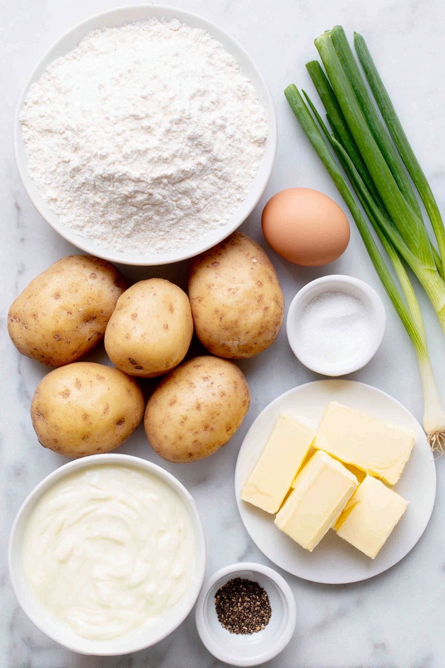 Flat lay of peeled and halved russet potatoes, a small mound of all-purpose flour on a white ceramic plate, a single large whole egg with a clean shell, thinly sliced fresh scallions arranged neatly on a white ceramic dish, a small white bowl filled with creamy buttermilk, a small white bowl holding fine kosher salt crystals, a small white bowl containing baking soda powder, a small white bowl with freshly ground black pepper, a few pats of unsalted butter stacked on a plain white ceramic plate placed on a clean white marble surface, soft natural light, photo taken with an iPhone, professional food photography style, fresh ingredients, white ceramic bowls, no bottles, no duplicates, no utensils, no packaging --ar 2:3 --v 7 --p m7354615311229779997 - Irish Potato Pancakes Irish Potato Pancakes Recipe Potato Pancakes Irish Comfort Food Traditional Irish Potato Pancakes