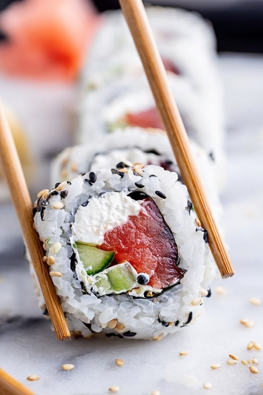 The image shows a close-up of a sushi roll held by a pair of light brown chopsticks. The roll has three visible layers: an outer layer of white rice speckled with black sesame seeds, a thin middle layer of dark seaweed, and an inner layer filled with cream cheese, bright red raw fish, and small green cucumber pieces. The sushi roll is placed on a white marbled surface with scattered sesame seeds around it. In the background, there are small blurred pieces of light pink pickled ginger. The photo looks sharp and bright, taken with an iphone --ar 2:3 --v 7 - Smoked Salmon Philadelphia Sushi Rolls, easy smoked salmon sushi, homemade Philadelphia sushi roll, smoked salmon sushi tutorial, best sushi rolls with smoked salmon