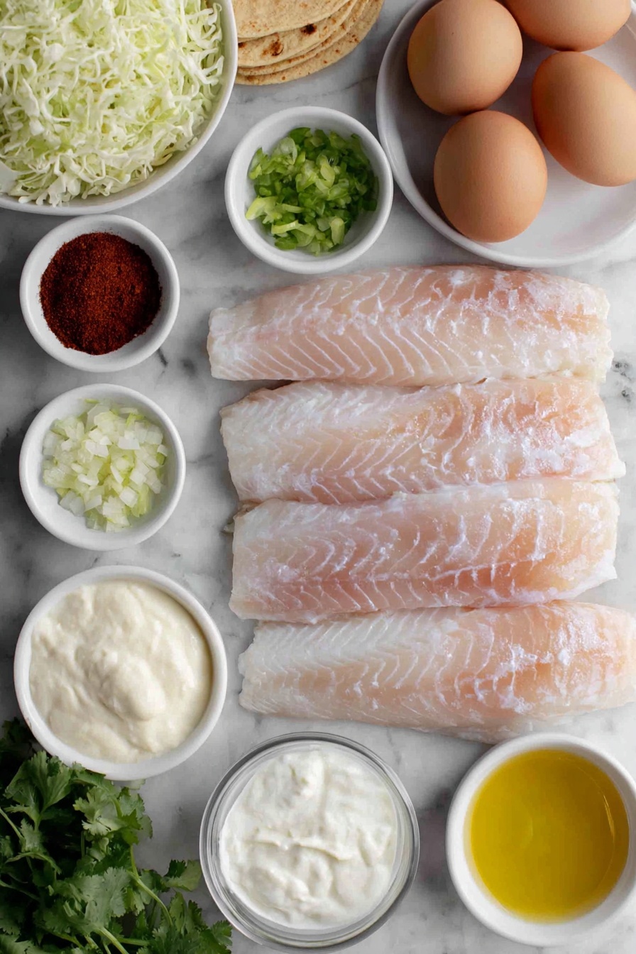 Flat lay of fresh whole tilapia filets with natural sheen, two whole uncracked brown eggs, a small white ceramic bowl of bright green lime zest and wedges, a small white ceramic bowl of minced garlic cloves, a small white ceramic bowl of deep red chili powder, a small white ceramic bowl of ground cumin, a small white ceramic bowl of smoked paprika, a small white ceramic bowl of cayenne pepper, a small white ceramic bowl filled with golden olive oil, a small white ceramic bowl of creamy mayonnaise, a small white ceramic bowl of thick sour cream, a small white ceramic bowl of bright fresh lime juice, a small white ceramic bowl with finely chopped chipotle chilies in adobo sauce, a small white ceramic bowl of smooth milk, fresh yellow corn tortillas stacked neatly, a small bunch of bright green fresh cilantro sprigs, and a small white ceramic bowl of shredded angel hair cabbage slaw all arranged in perfect symmetry, placed on a clean white marble surface, soft natural light, photo taken with an iPhone, professional food photography style, fresh ingredients, white ceramic bowls, no bottles, no duplicates, no utensils, no packaging --ar 2:3 --v 7 --p m7354615311229779997 - Tilapia Fish Tacos with Chipotle Lime Sauce, fish tacos with chipotle lime, easy tilapia fish tacos, healthy fish taco recipe, crispy tilapia tacos