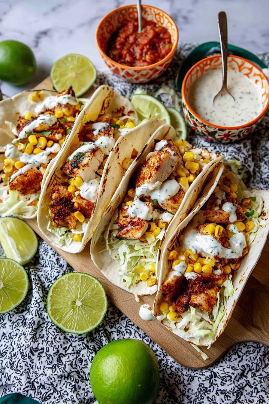 The image shows four soft white tortillas standing upright on a wooden board, each filled with three main layers. The bottom layer is shredded pale green cabbage, followed by a middle layer of golden brown grilled fish pieces with some chili powder seasoning. Scattered yellow grilled corn kernels sit on top, and a creamy white sauce is drizzled over everything. Around the board are several green lime halves and whole lime, a small white bowl with orange and green patterns filled with red salsa, and another patterned bowl with creamy white sauce and a spoon inside. All this rests on a cloth with white and black patterns, with a white marbled surface visible in parts. Photo taken with an iphone --ar 2:3 --v 7 - Tilapia Fish Tacos with Chipotle Lime Sauce, fish tacos with chipotle lime, easy tilapia fish tacos, healthy fish taco recipe, crispy tilapia tacos